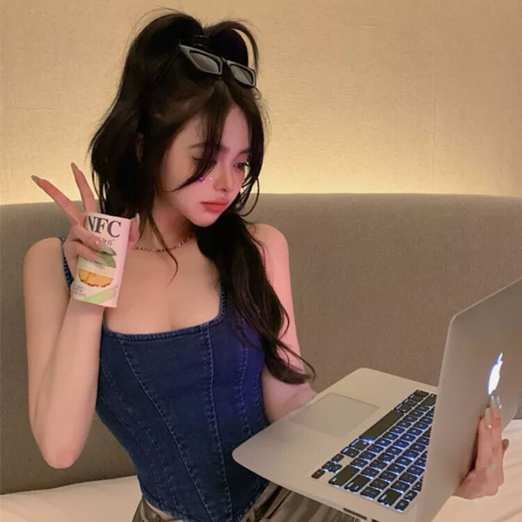 Jiashucheng JSC Áo Denim Hai Dây Dáng Ngắn Màu Xanh Dương Đậm Phong Cách Retro Mùa Hè Cho Nữ