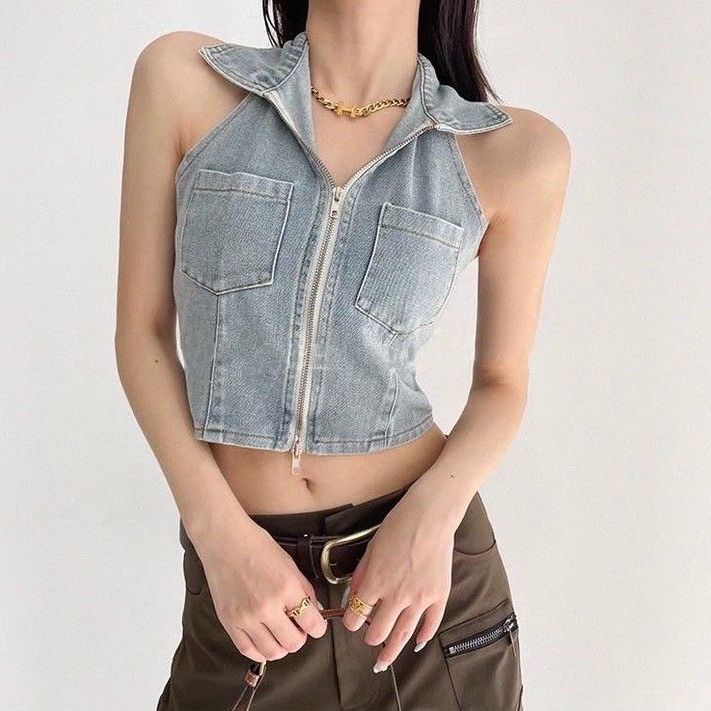 Jiashucheng Áo Khoác Denim Ngắn Có Dây Kéo Phong Cách Đường Phố Kiểu Phương Tây Thời Trang Mùa Hè Cho Nữ Range Rover