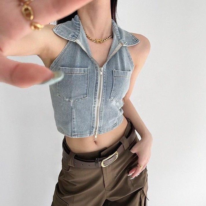 Jiashucheng Áo Khoác Denim Ngắn Có Dây Kéo Phong Cách Đường Phố Kiểu Phương Tây Thời Trang Mùa Hè Cho Nữ Range Rover