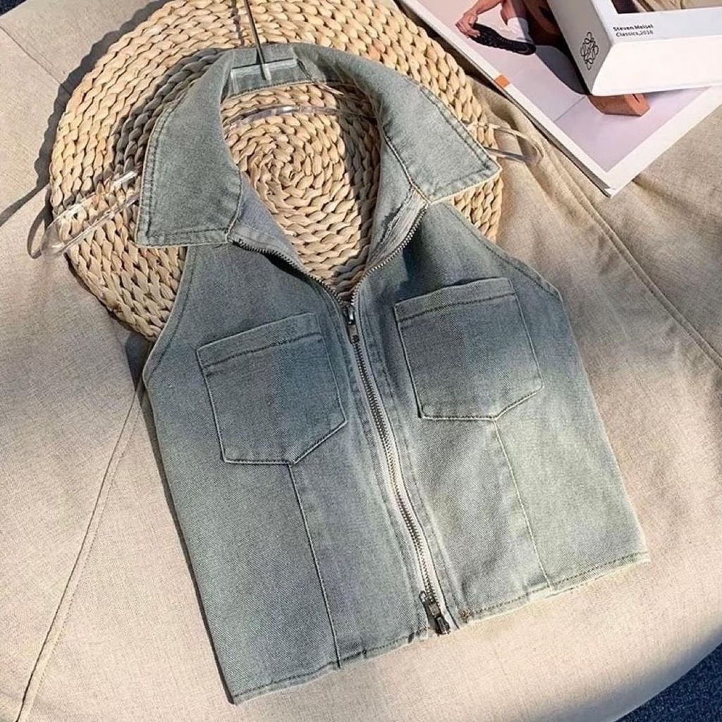 Jiashucheng Áo Khoác Denim Ngắn Có Dây Kéo Phong Cách Đường Phố Kiểu Phương Tây Thời Trang Mùa Hè Cho Nữ Range Rover