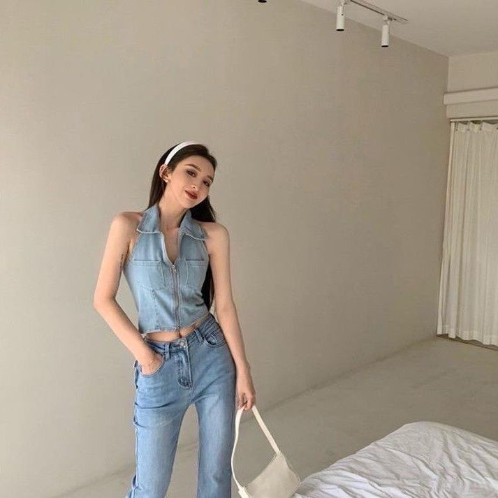 Jiashucheng Áo Khoác Denim Ngắn Có Dây Kéo Phong Cách Đường Phố Kiểu Phương Tây Thời Trang Mùa Hè Cho Nữ Range Rover