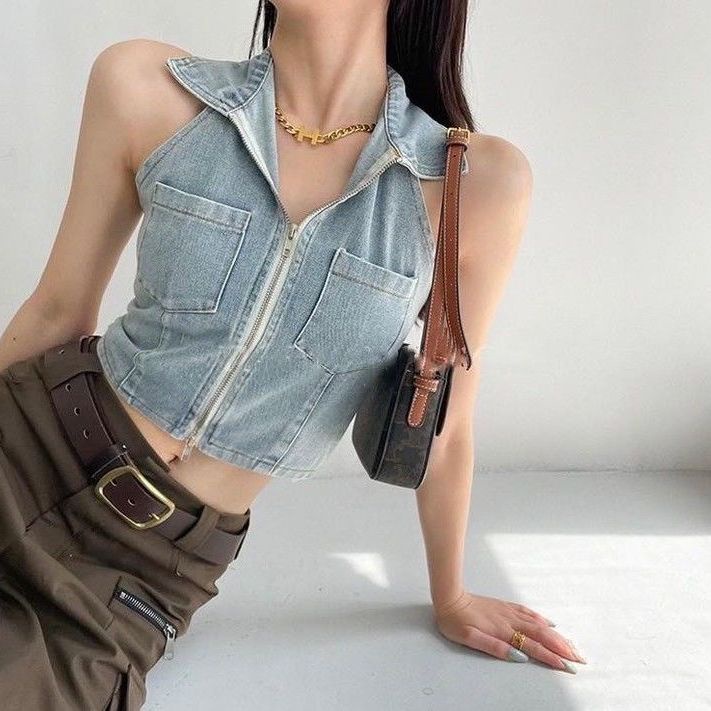 Jiashucheng Áo Khoác Denim Ngắn Có Dây Kéo Phong Cách Đường Phố Kiểu Phương Tây Thời Trang Mùa Hè Cho Nữ Range Rover