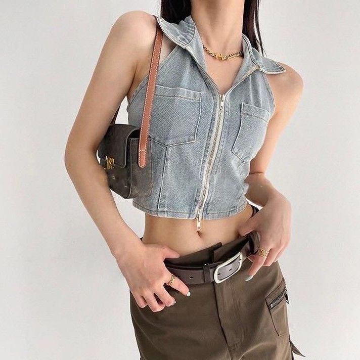 Jiashucheng Áo Khoác Denim Ngắn Có Dây Kéo Phong Cách Đường Phố Kiểu Phương Tây Thời Trang Mùa Hè Cho Nữ Range Rover