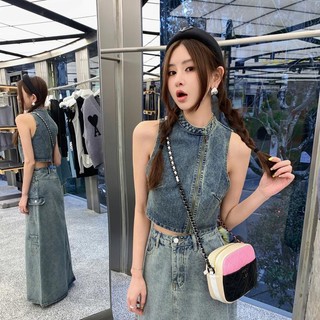 Áo denim JSC không tay có khóa kéo thời trang mùa hè dành cho nữ
