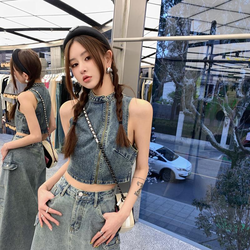 Áo denim JSC không tay có khóa kéo thời trang mùa hè dành cho nữ