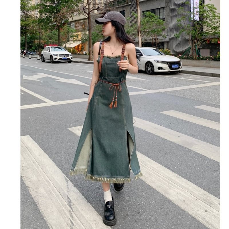 Đầm dài JSC hai dây denim dáng ôm thiết kế tua rua phong cách cổ điển Mỹ thời trang mùa hè dành cho nữ