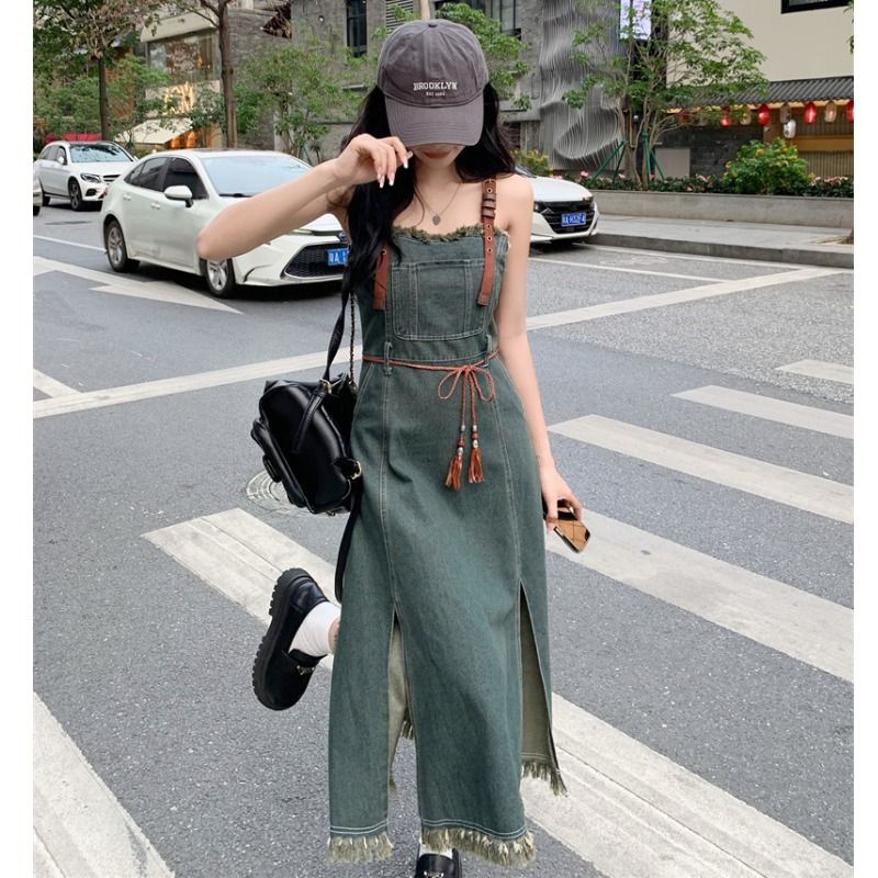 Đầm dài JSC hai dây denim dáng ôm thiết kế tua rua phong cách cổ điển Mỹ thời trang mùa hè dành cho nữ