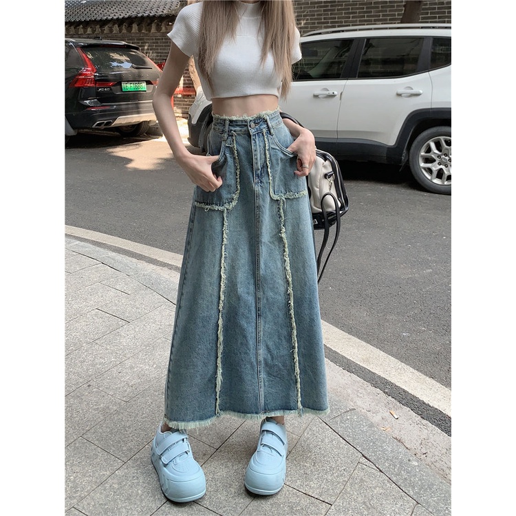 Jiashucheng Chân Váy Denim Chữ A Lưng Cao Dáng Rộng Sờn Phong Cách Mới Mùa Hè Dành Cho Bạn Nữ