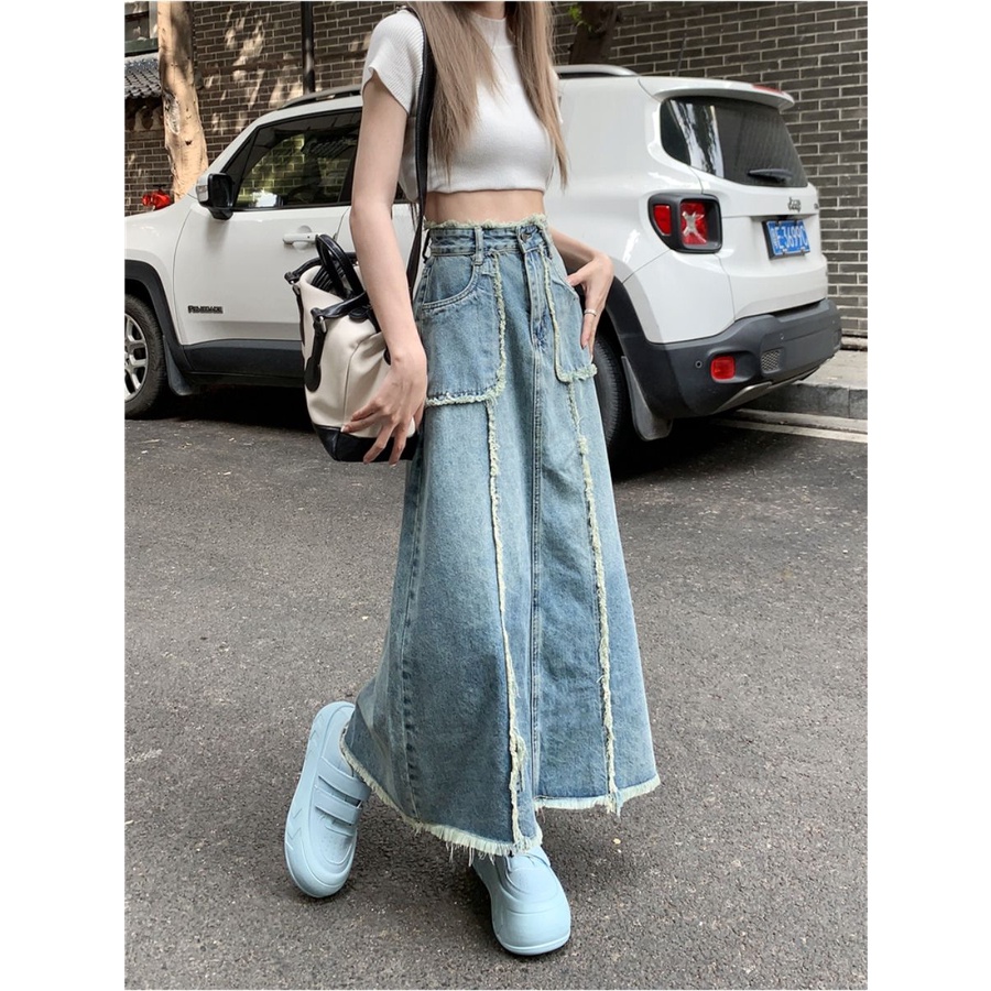 Jiashucheng Chân Váy Denim Chữ A Lưng Cao Dáng Rộng Sờn Phong Cách Mới Mùa Hè Dành Cho Bạn Nữ