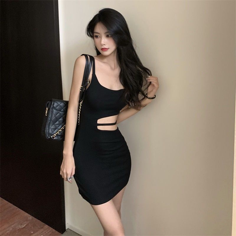Jiashucheng Đầm Ngắn Ôm Eo Màu Trơn Hai Dây Ôm Dáng Vừa Vặn Đường Phố Hoàng Gia Cho Nữ