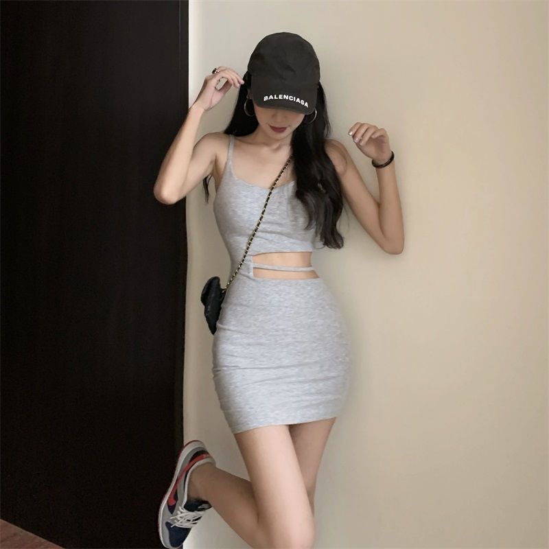 Jiashucheng Đầm Ngắn Ôm Eo Màu Trơn Hai Dây Ôm Dáng Vừa Vặn Đường Phố Hoàng Gia Cho Nữ
