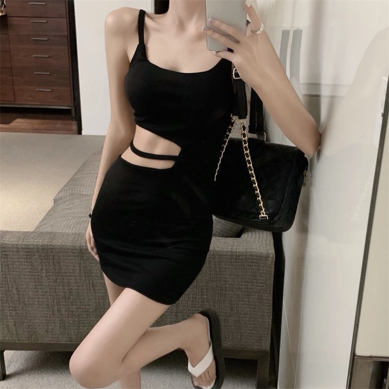 Jiashucheng Đầm Ngắn Ôm Eo Màu Trơn Hai Dây Ôm Dáng Vừa Vặn Đường Phố Hoàng Gia Cho Nữ