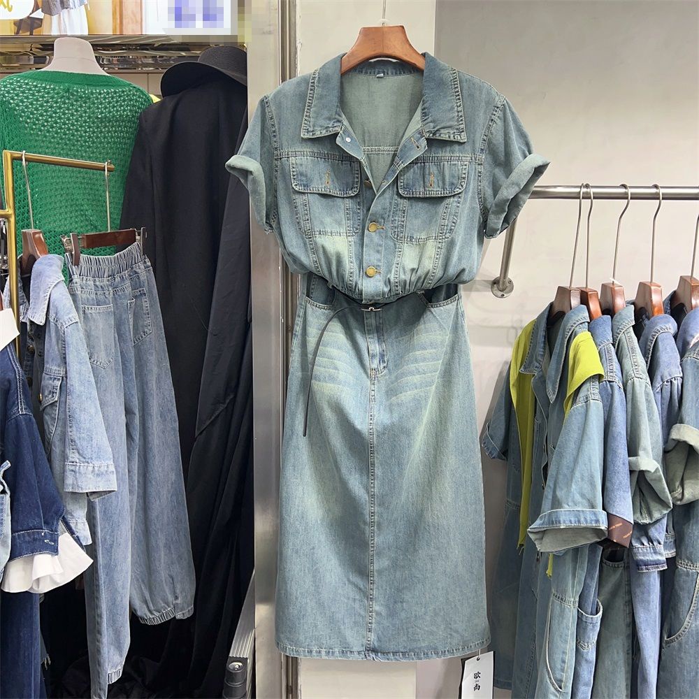 Đầm Denim Tay Ngắn Chiết Eo Dáng Dài Phong Cách Hàn Quốc Thời Trang Mùa Hè Hàng Mới