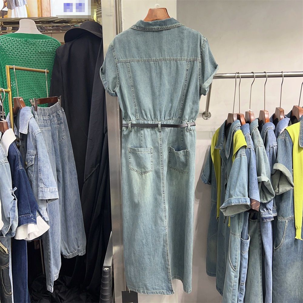 Đầm Denim Tay Ngắn Chiết Eo Dáng Dài Phong Cách Hàn Quốc Thời Trang Mùa Hè Hàng Mới