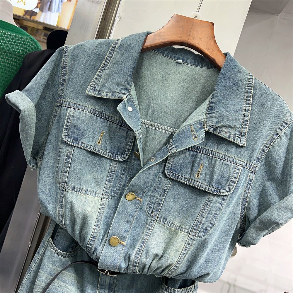 Đầm Denim Tay Ngắn Chiết Eo Dáng Dài Phong Cách Hàn Quốc Thời Trang Mùa Hè Hàng Mới