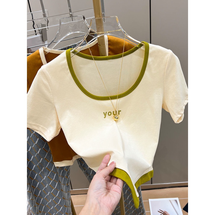 Jiashucheng Áo Thun Ngắn Tay Cổ Vuông Thời Trang Mùa Hè 2023 Mới Phong Cách Retro Mỹ Cho Nữ