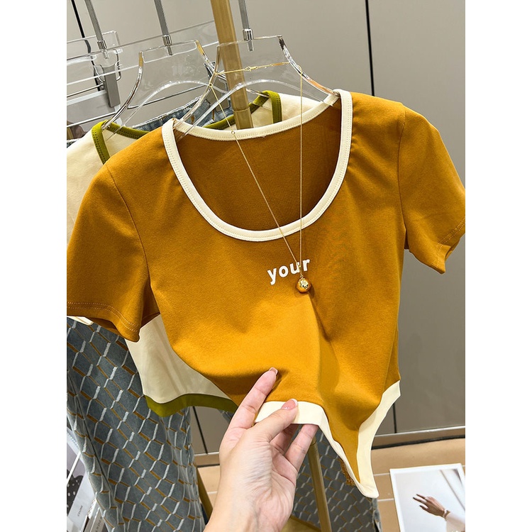 Jiashucheng Áo Thun Ngắn Tay Cổ Vuông Thời Trang Mùa Hè 2023 Mới Phong Cách Retro Mỹ Cho Nữ