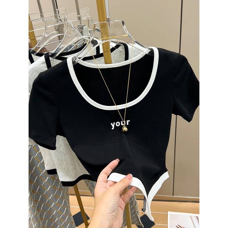 Jiashucheng Áo Thun Ngắn Tay Cổ Vuông Thời Trang Mùa Hè 2023 Mới Phong Cách Retro Mỹ Cho Nữ