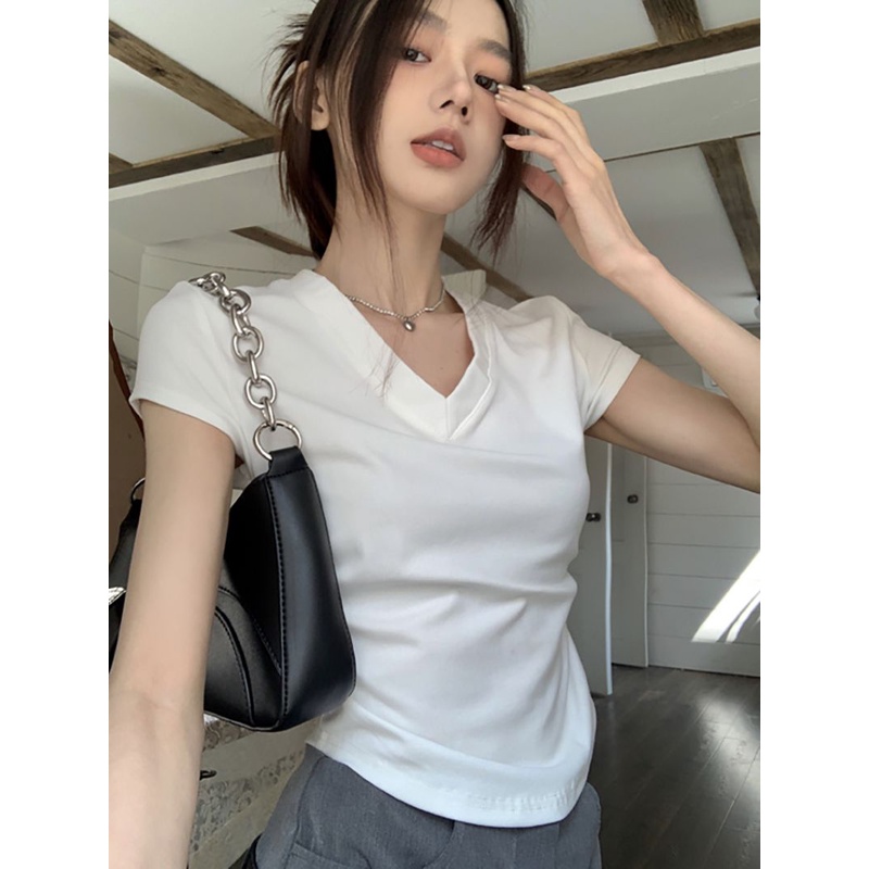 Jiashucheng Áo Thun Nữ Ngắn Tay Cổ Chữ V Hở Vai Gợi Cảm