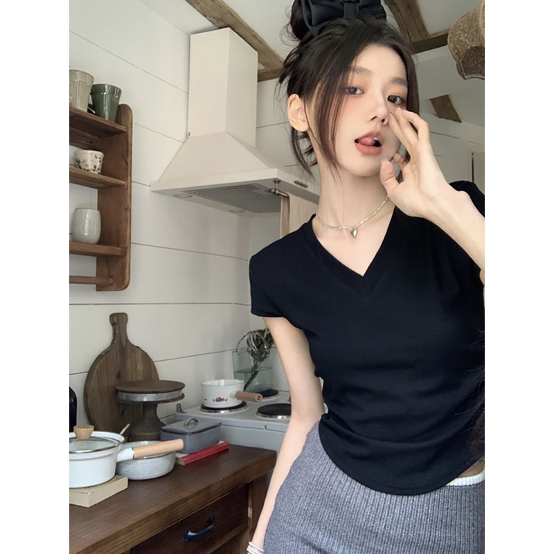 Jiashucheng Áo Thun Nữ Ngắn Tay Cổ Chữ V Hở Vai Gợi Cảm