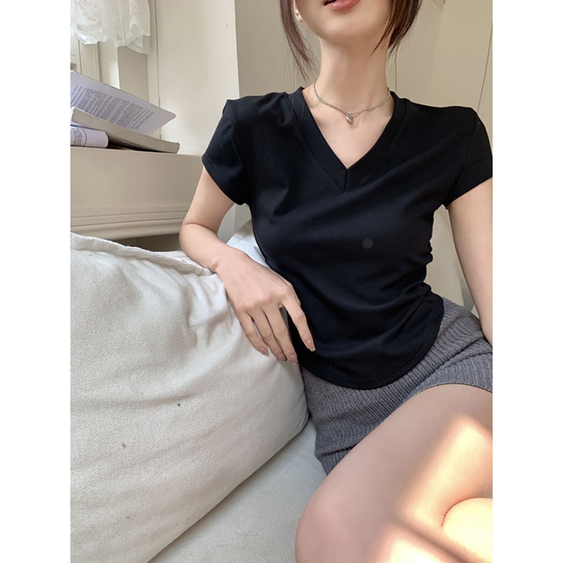 Jiashucheng Áo Thun Nữ Ngắn Tay Cổ Chữ V Hở Vai Gợi Cảm