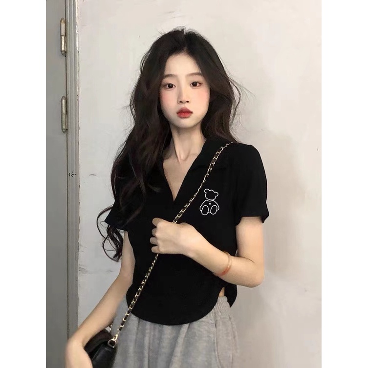 Jiashucheng Áo Thun POLO Ngắn Tay Lệch Vai Dáng Ôm Thời Trang Mùa Hè Dành Cho Nữ