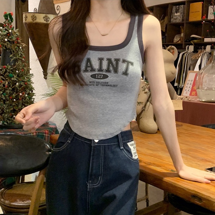 Jiashucheng Hàng Châu Âu Hàng Bán Chạy Áo Hai Dây Cổ Vuông Ngắn Xương Cá Màu Tương Phản Retro Mùa Hè Cho Nữ