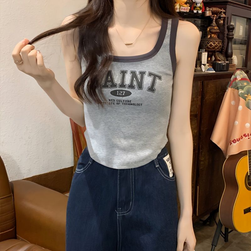 Jiashucheng Hàng Châu Âu Hàng Bán Chạy Áo Hai Dây Cổ Vuông Ngắn Xương Cá Màu Tương Phản Retro Mùa Hè Cho Nữ