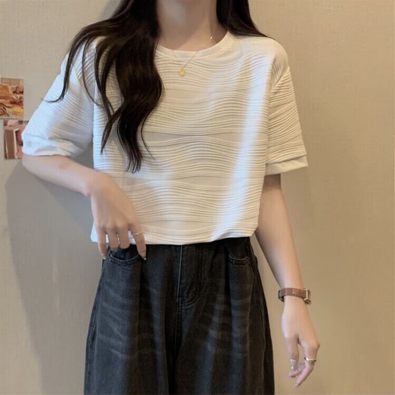 Áo Thun Tay Ngắn Dáng Rộng Họa Tiết Gợn Sóng Phong Cách Pháp Thời Trang Mùa Hè Cho Nữ