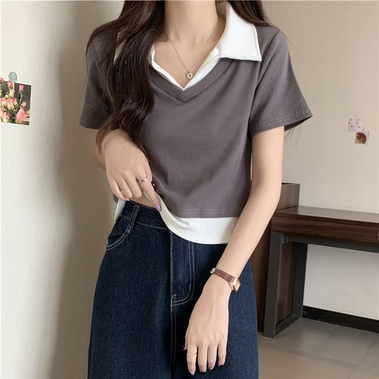 Áo Thun Polo Ngắn Tay Ôm Dáng Màu Sắc Tương Phản Thời Trang Mùa Hè Dành Cho Nữ