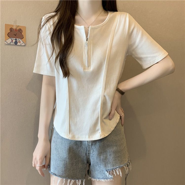 Áo Thun Tay Ngắn Cổ Tròn Dáng Rộng Có Khóa Kéo Phong Cách Hàn Quốc Thời Trang Mùa Hè Cho Nữ