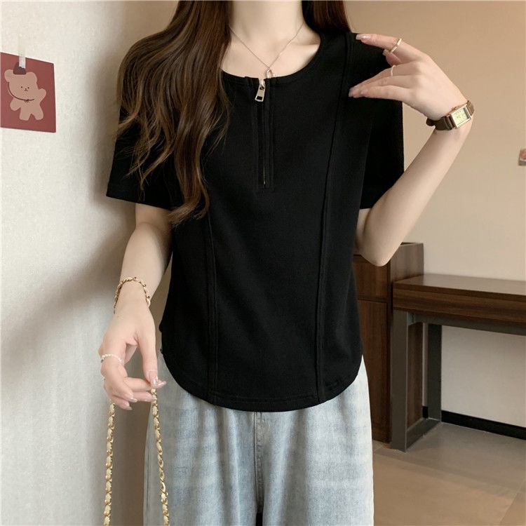 Áo Thun Tay Ngắn Cổ Tròn Dáng Rộng Có Khóa Kéo Phong Cách Hàn Quốc Thời Trang Mùa Hè Cho Nữ