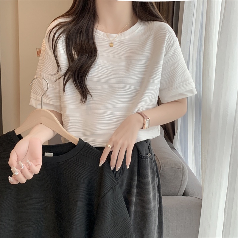 Áo Thun Tay Ngắn Dáng Rộng Họa Tiết Gợn Sóng Phong Cách Pháp Thời Trang Mùa Hè Cho Nữ