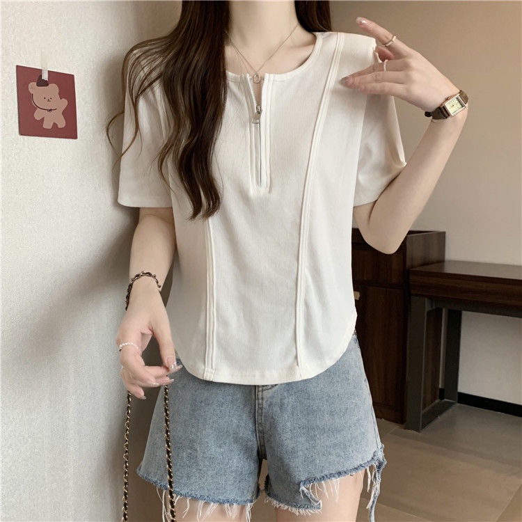 Áo Thun Tay Ngắn Cổ Tròn Dáng Rộng Có Khóa Kéo Phong Cách Hàn Quốc Thời Trang Mùa Hè Cho Nữ