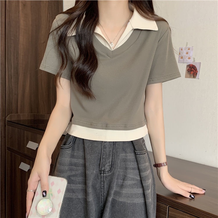 Áo Thun Polo Ngắn Tay Ôm Dáng Màu Sắc Tương Phản Thời Trang Mùa Hè Dành Cho Nữ