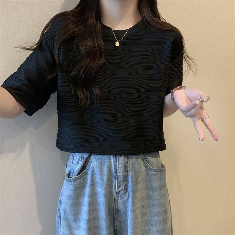 Áo Thun Tay Ngắn Dáng Rộng Họa Tiết Gợn Sóng Phong Cách Pháp Thời Trang Mùa Hè Cho Nữ