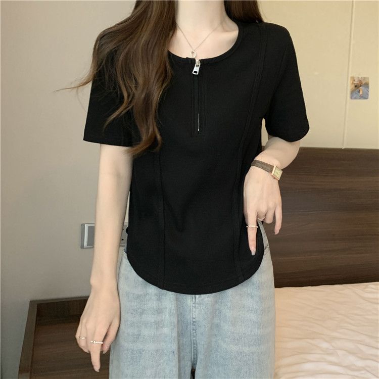 Áo Thun Tay Ngắn Cổ Tròn Dáng Rộng Có Khóa Kéo Phong Cách Hàn Quốc Thời Trang Mùa Hè Cho Nữ