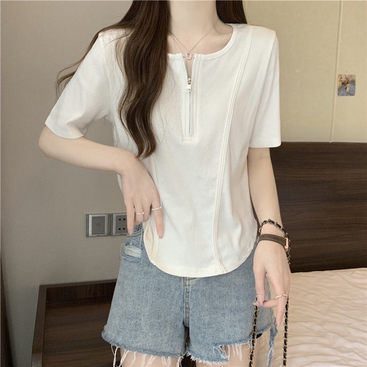 Áo Thun Tay Ngắn Cổ Tròn Dáng Rộng Có Khóa Kéo Phong Cách Hàn Quốc Thời Trang Mùa Hè Cho Nữ