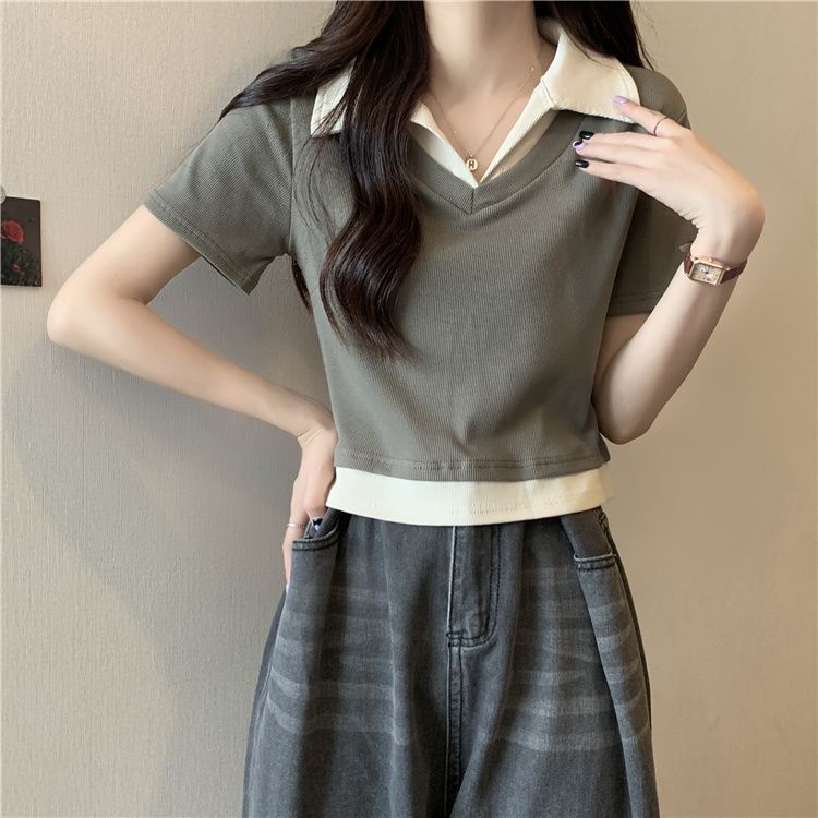 Áo Thun Polo Ngắn Tay Ôm Dáng Màu Sắc Tương Phản Thời Trang Mùa Hè Dành Cho Nữ