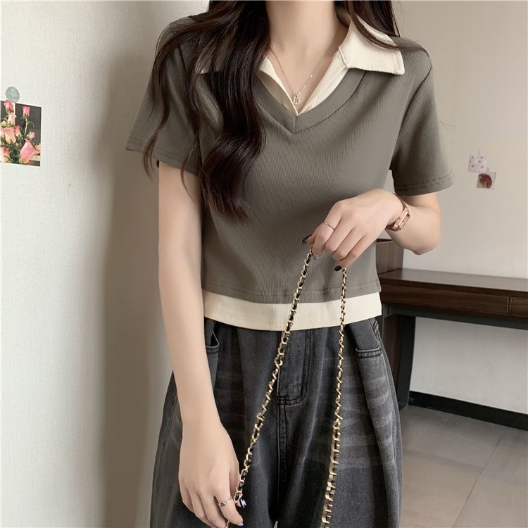 Áo Thun Polo Ngắn Tay Ôm Dáng Màu Sắc Tương Phản Thời Trang Mùa Hè Dành Cho Nữ
