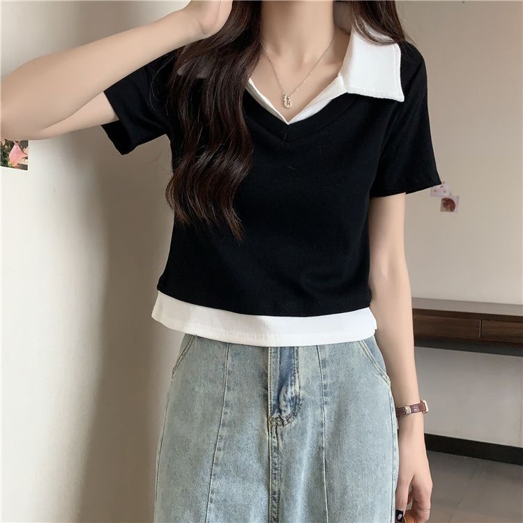 Áo Thun Polo Ngắn Tay Ôm Dáng Màu Sắc Tương Phản Thời Trang Mùa Hè Dành Cho Nữ