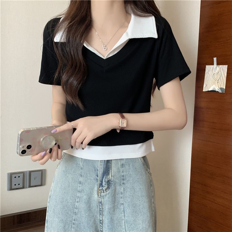 Áo Thun Polo Ngắn Tay Ôm Dáng Màu Sắc Tương Phản Thời Trang Mùa Hè Dành Cho Nữ