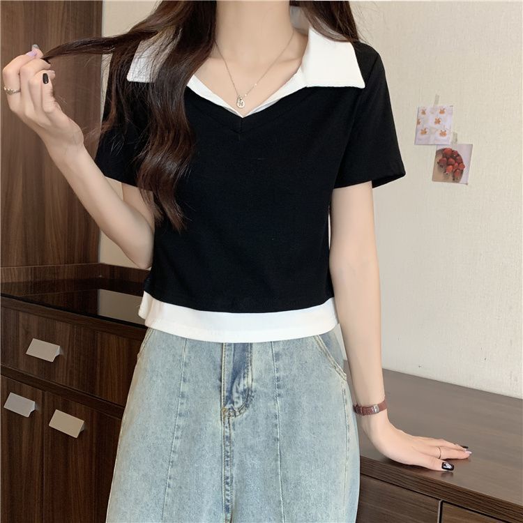 Áo Thun Polo Ngắn Tay Ôm Dáng Màu Sắc Tương Phản Thời Trang Mùa Hè Dành Cho Nữ
