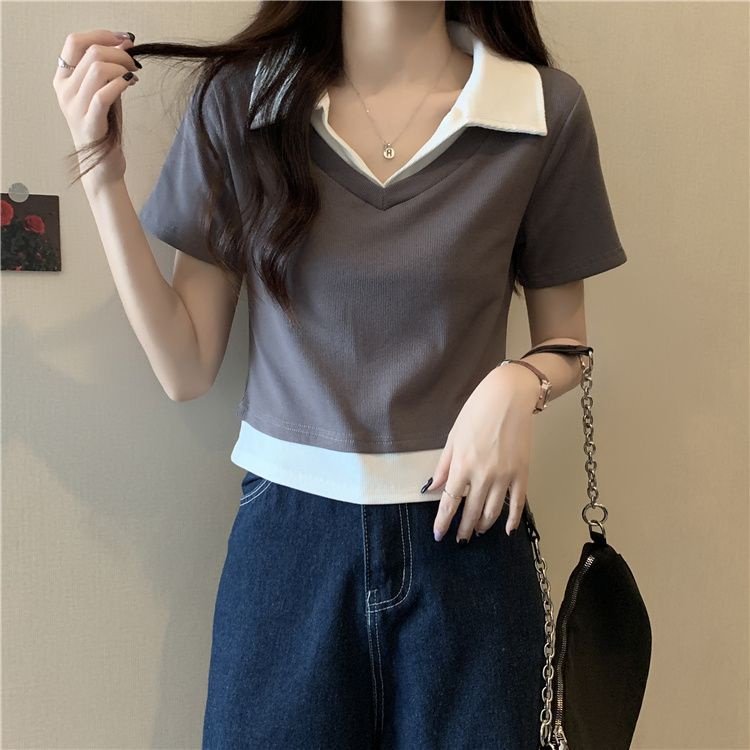 Áo Thun Polo Ngắn Tay Ôm Dáng Màu Sắc Tương Phản Thời Trang Mùa Hè Dành Cho Nữ