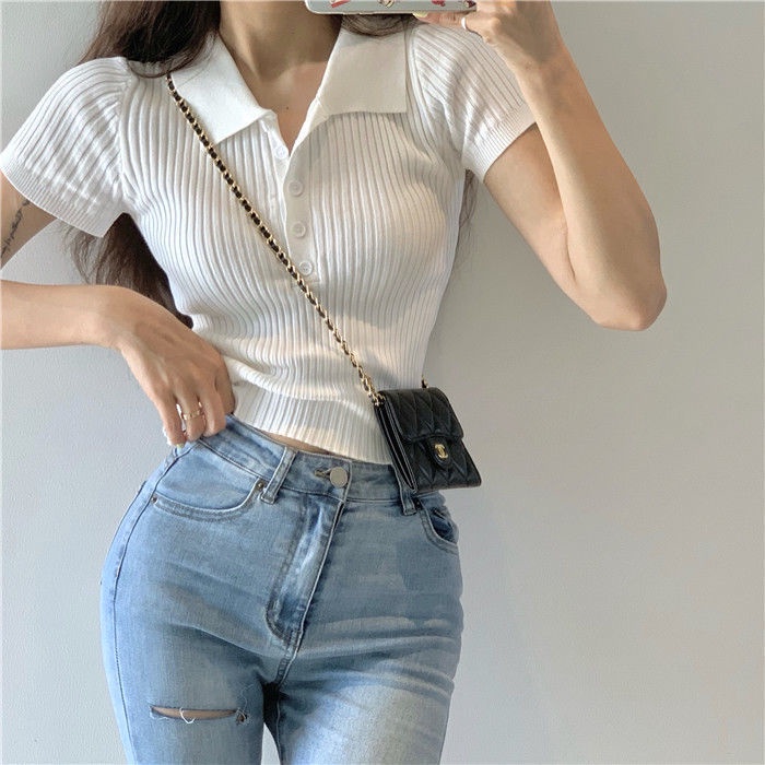 Áo Thun polo Dệt Kim Ngắn Tay Dáng Ôm Gợi Cảm Thời Trang Mùa Hè Cho Nữ