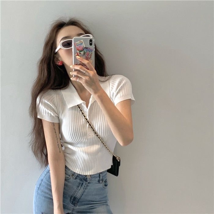 Áo Thun polo Dệt Kim Ngắn Tay Dáng Ôm Gợi Cảm Thời Trang Mùa Hè Cho Nữ