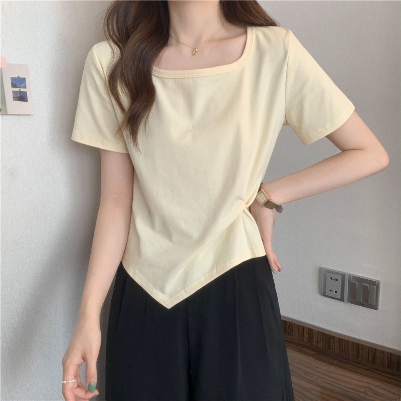 Áo Thun Ngắn Tay Cổ Vuông Thiết Kế Đơn Giản Phong Cách Hàn Quốc Thời Trang Mùa Hè Cho Nữ