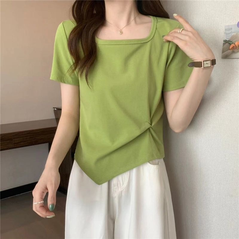 Áo Thun Ngắn Tay Cổ Vuông Thiết Kế Đơn Giản Phong Cách Hàn Quốc Thời Trang Mùa Hè Cho Nữ