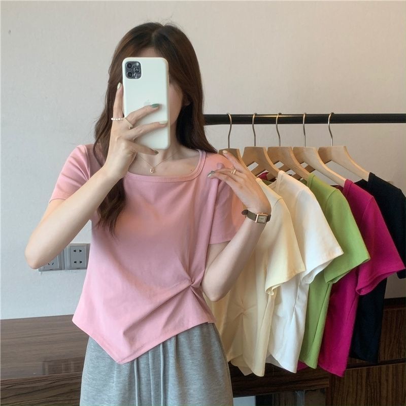 Áo Thun Ngắn Tay Cổ Vuông Thiết Kế Đơn Giản Phong Cách Hàn Quốc Thời Trang Mùa Hè Cho Nữ