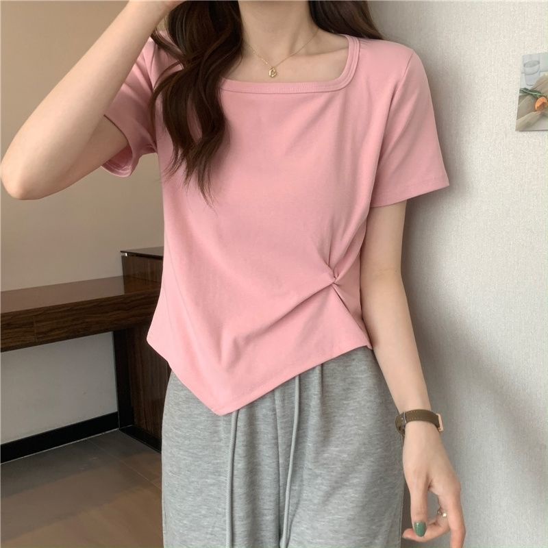 Áo Thun Ngắn Tay Cổ Vuông Thiết Kế Đơn Giản Phong Cách Hàn Quốc Thời Trang Mùa Hè Cho Nữ